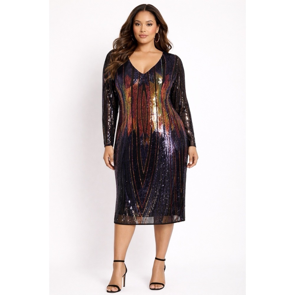 Ashley Stewart Sequin Dress 14/16 NWT Black Multi Ombre Sequin V Neck Party Midi